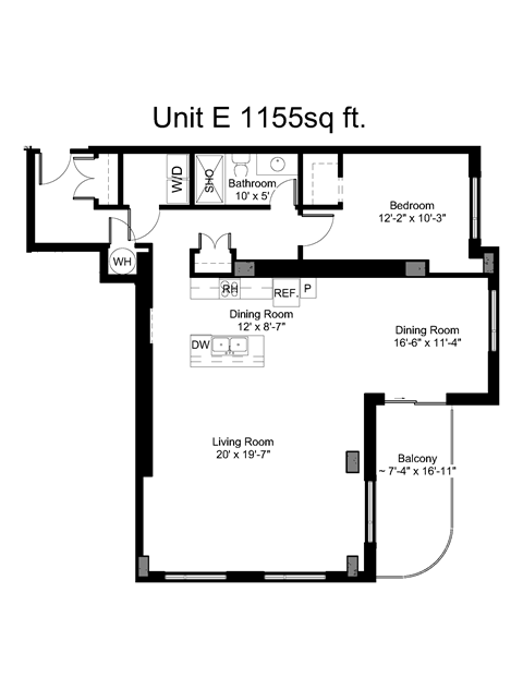 Floor plan for 1 bed, 1 bath, 1140 sqft